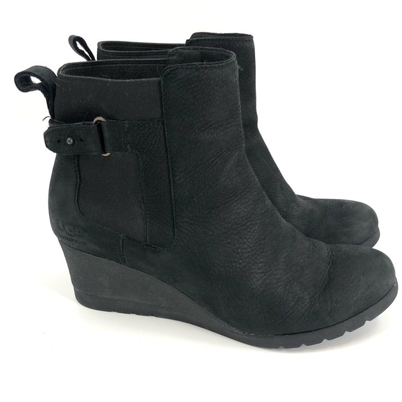 UGG Indra Waterproof Wedge Booties Black Suede Leather Ankle Boots Size 10 - Picture 10 of 10